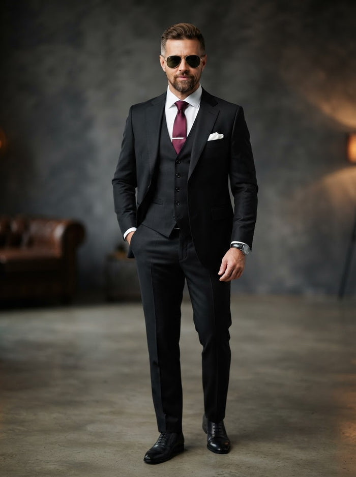 Executive 3-Piece Black Suit w/ Plum Red Tie — Black