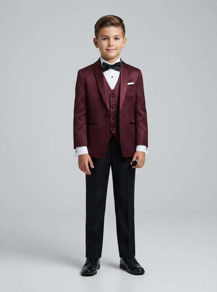 PBT283 Boy Solid 5PC Tuxedo Set — Burgundy w/ Black Satin Shawl Collar