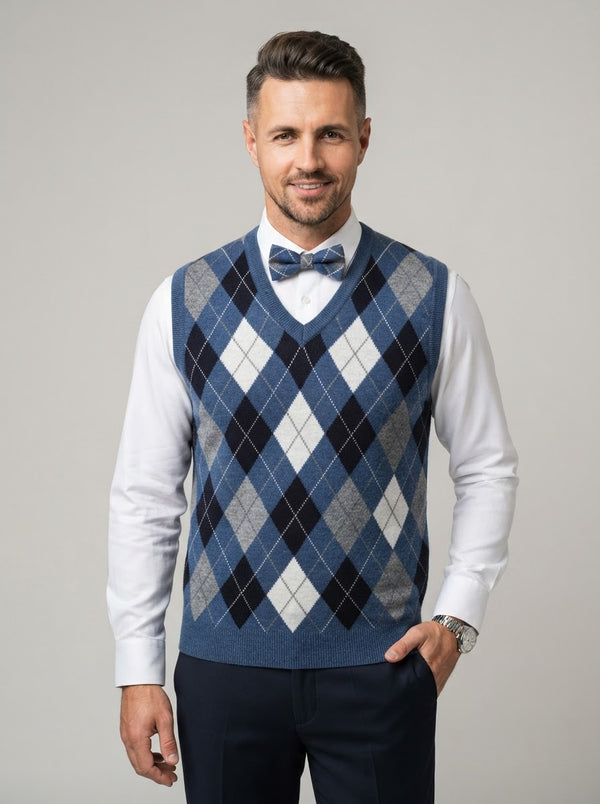SWV3 Argyle Sweater Vest w/ Bow Tie — Blue Argyle