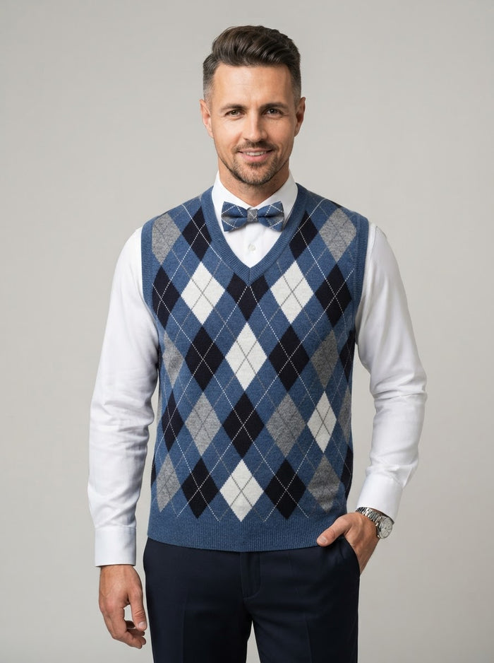 SWV3 Argyle Sweater Vest w/ Bow Tie — Blue Argyle