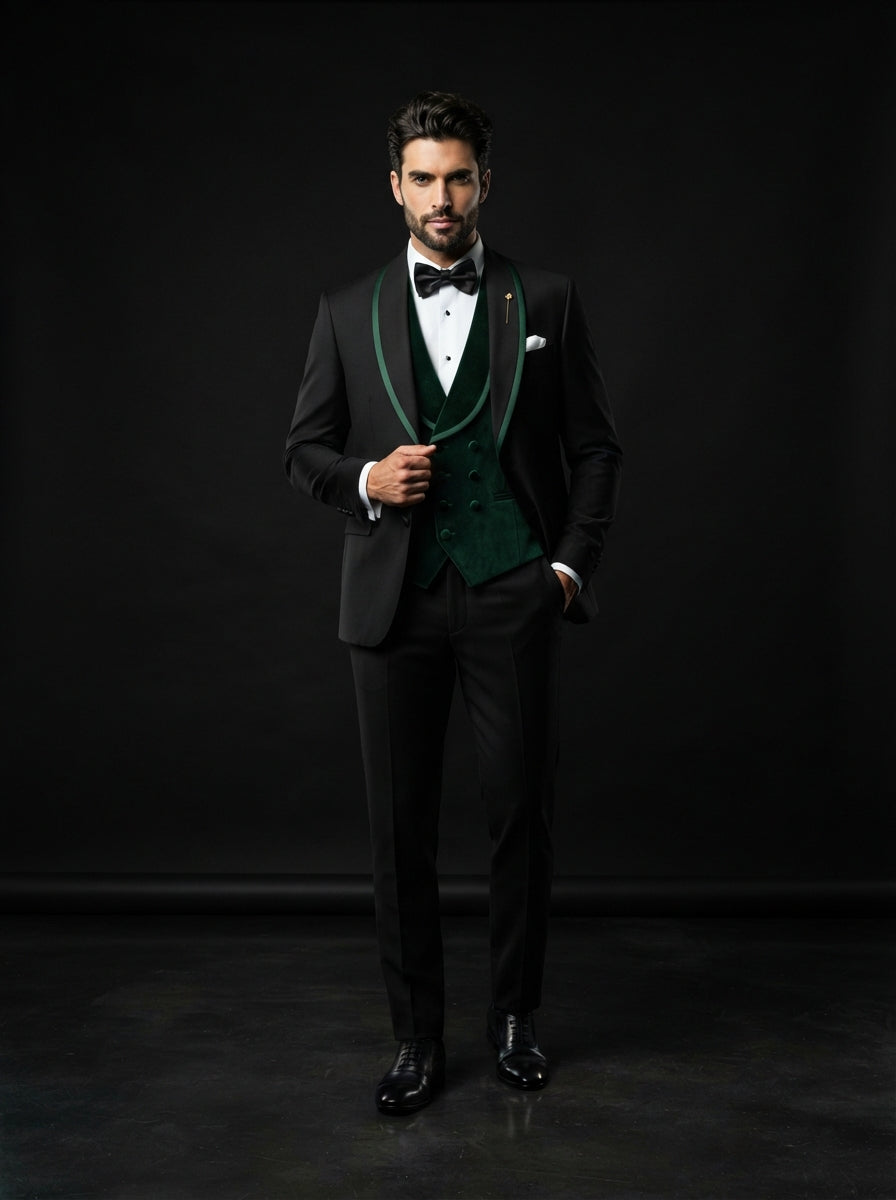Arya 3PC Tailored Contrast Tuxedo — Black w/ Wide Hunter Green Shawl Lapel & Vest
