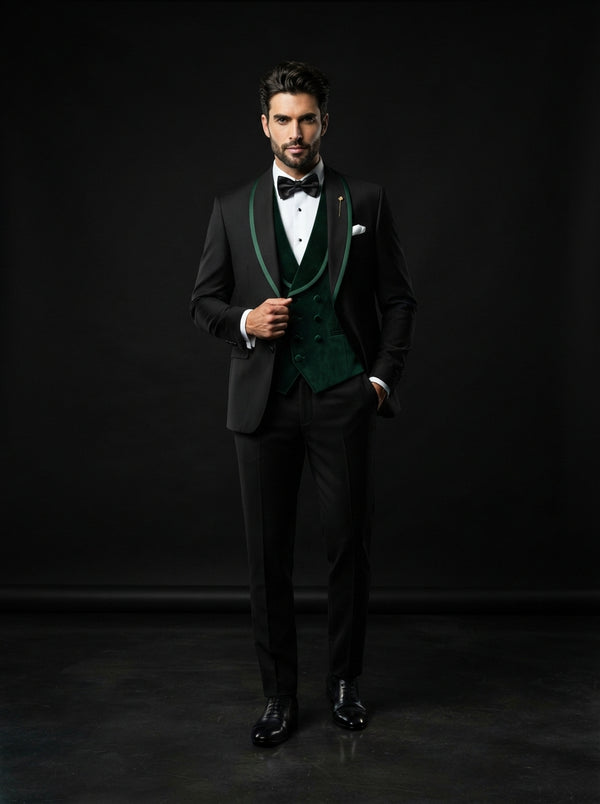 Arya 3PC Tailored Contrast Tuxedo — Black w/ Wide Hunter Green Shawl Lapel & Vest