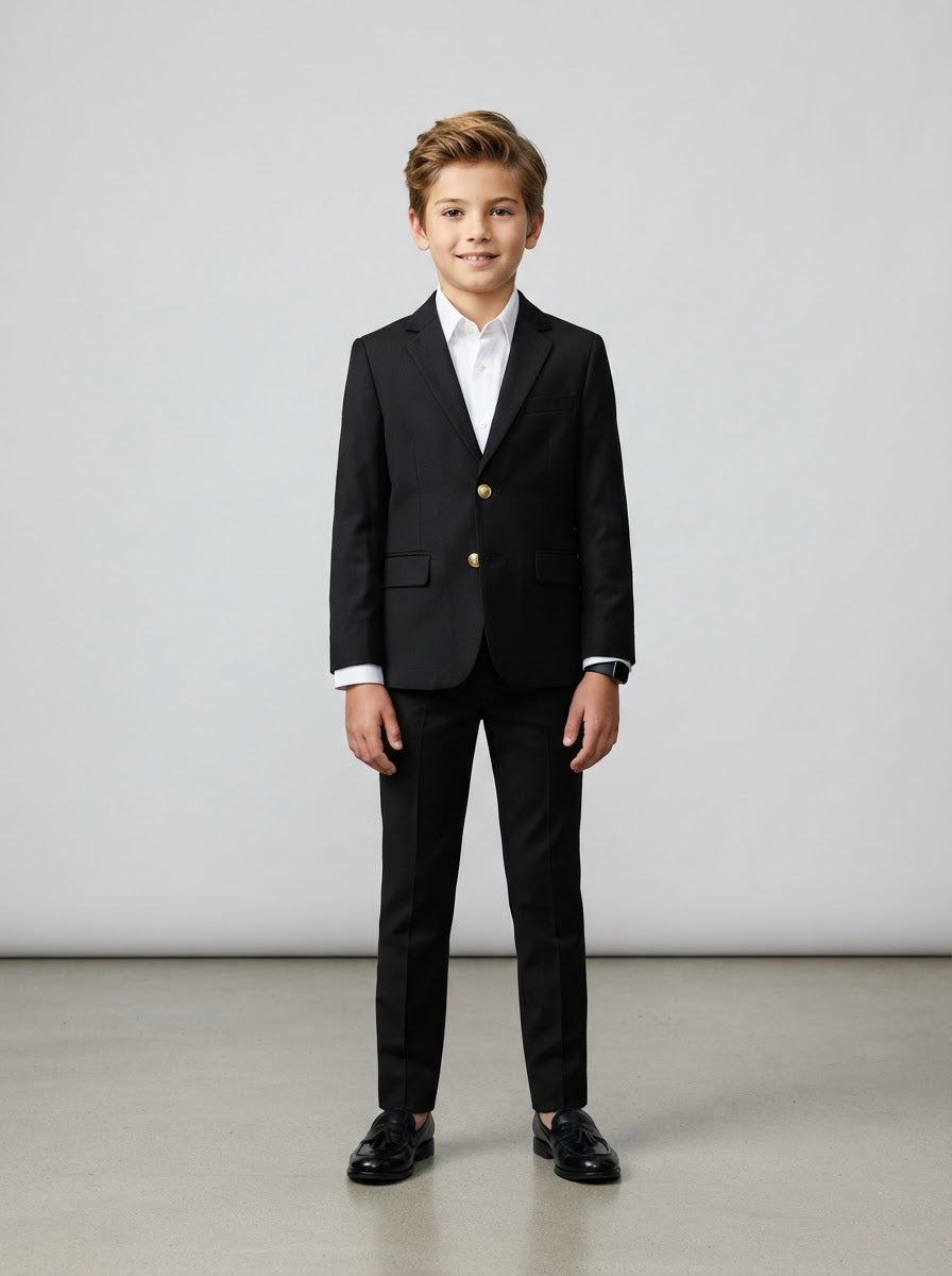 PBJ200 Boy Notch Lapel Blazer — Black w/ Golden Buttons