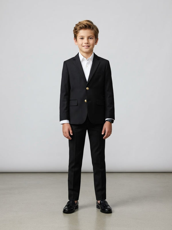 PBJ200 Boy Notch Lapel Blazer — Black w/ Golden Buttons