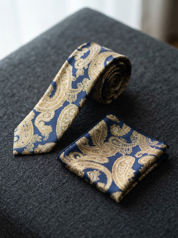 Silk Tie & Pocket Square Set — Navy & Gold Paisley