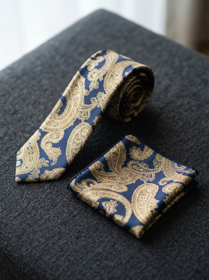 Silk Tie & Pocket Square Set — Navy & Gold Paisley