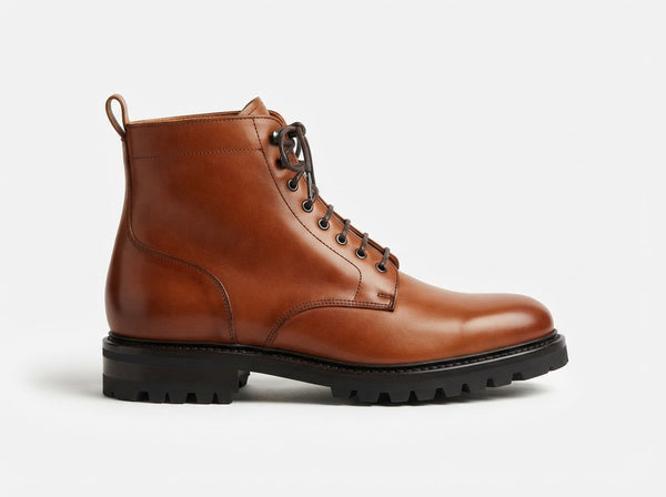 The Walker Plain Toe Lace Boot — Peanut Cognac Leather w/ Lug Sole
