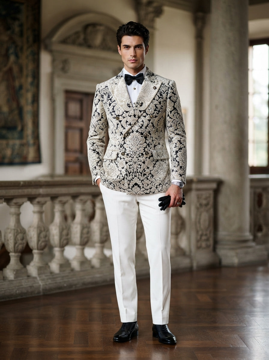 Renesanse Velvet Double Breasted Suit — Off-White Floral Damask Embossed Velvet