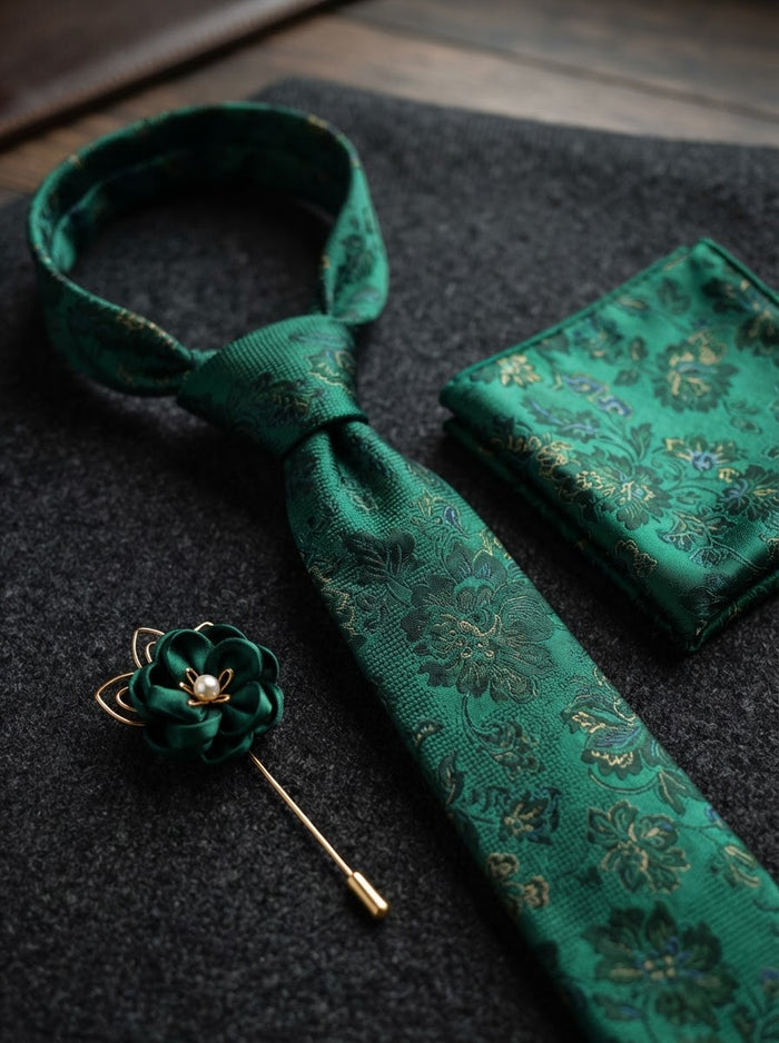 Silk Tie & Pocket Square Set — Emerald Green Floral Jacquard