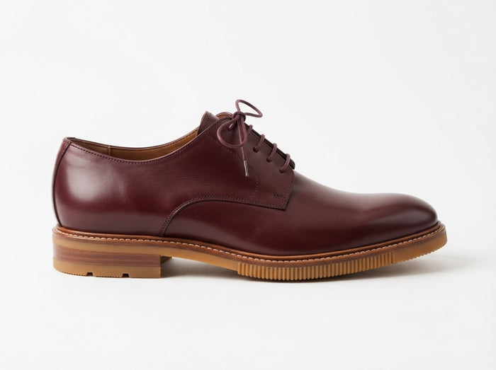 URI Plain Toe Lace Dress Shoe — Burgundy Wine Genuine Leather w/ Ribbed Sole