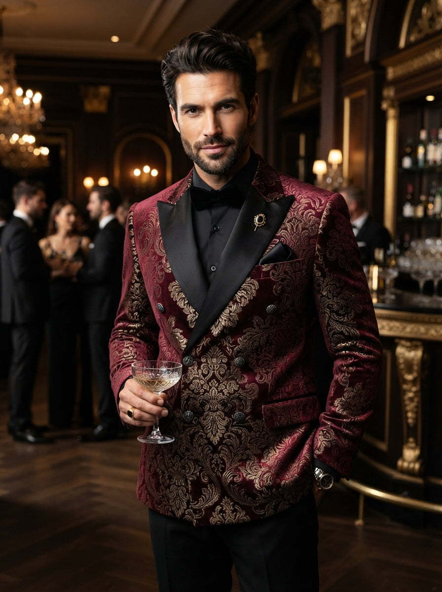 Renesanse Velvet Double Breasted Suit — Burgundy Wine Floral Damask Velvet