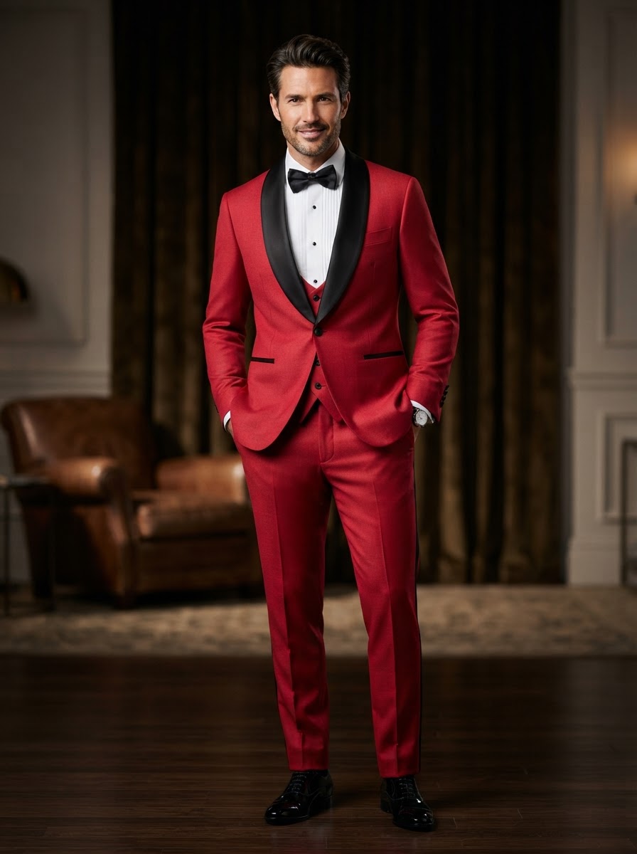 Encore 3PC Tailored Tuxedo — Statement Red w/ Black Satin Shawl Lapel