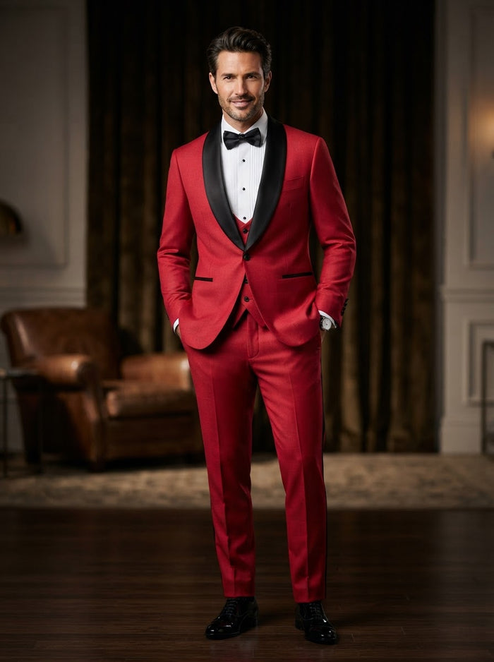 Encore 3PC Tailored Tuxedo — Statement Red w/ Black Satin Shawl Lapel