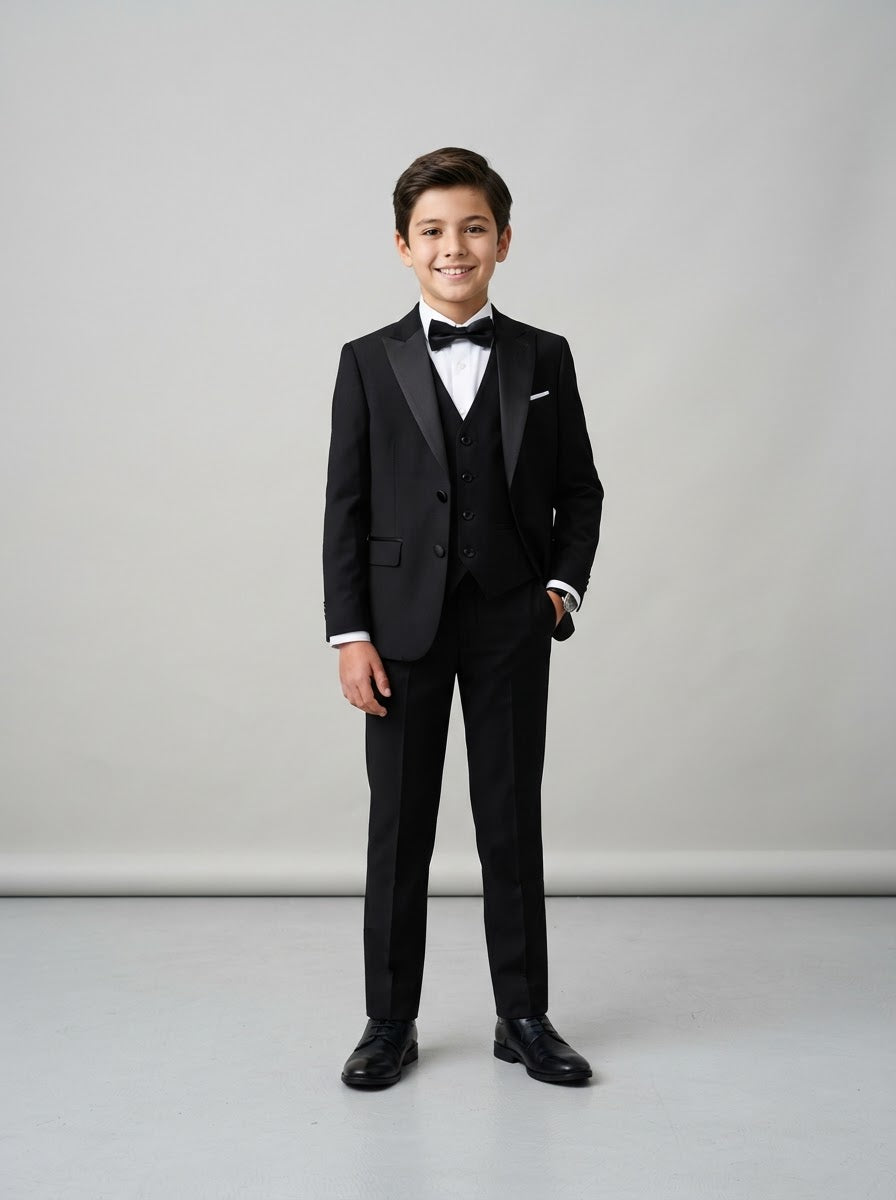 BT187 Boy Solid 4PC Tuxedo Set — Black w/ Satin Peak Lapel
