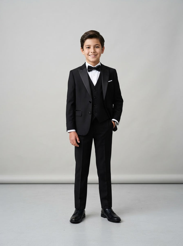 BT187 Boy Solid 4PC Tuxedo Set — Black w/ Satin Peak Lapel