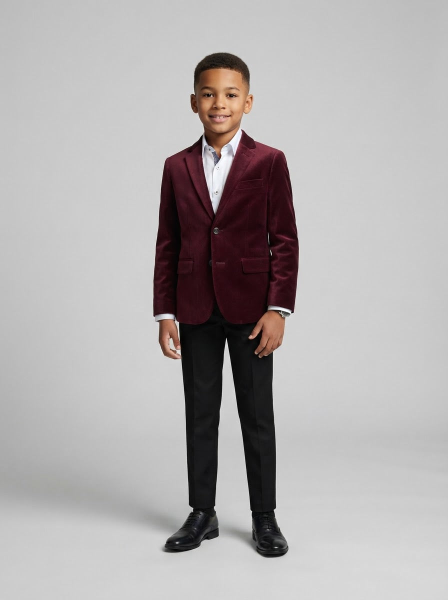 PBJ386 Boy Velvet Blazer — Burgundy Velvet w/ Notch Lapel