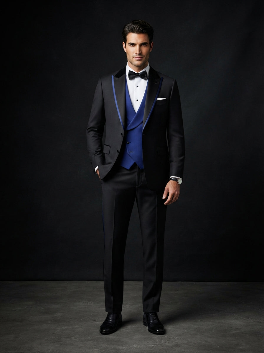 Arya 3PC Tailored Contrast Tuxedo — Black w/ Wide Royal Blue Shawl Lapel & Vest