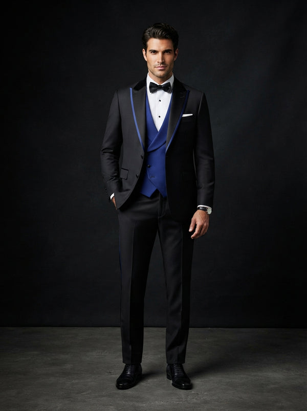 Arya 3PC Tailored Contrast Tuxedo — Black w/ Wide Royal Blue Shawl Lapel & Vest