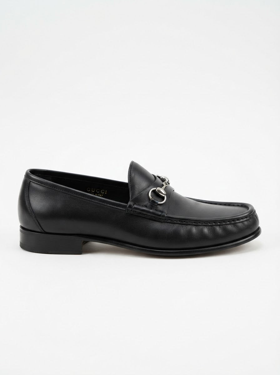 Antonio Cerrelli 7078 Moc Toe Bit Slip-On — Polished Black Leather w/ Red Bottom Sole & Gunmetal Bit