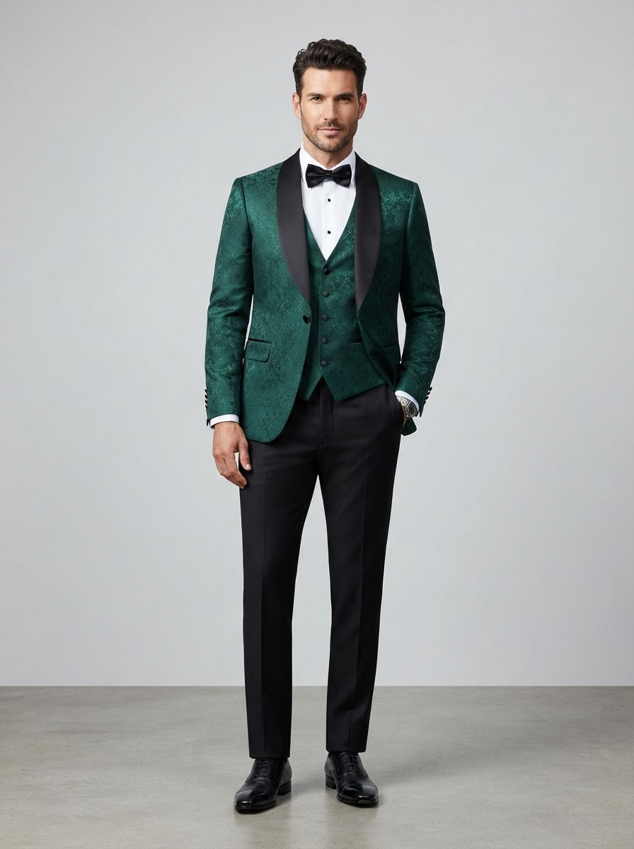 TVSJ-1 Slim Fit 3PC Jacquard Tuxedo — Emerald Green Jacquard w/ Black Satin Lapel