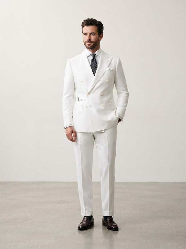 Bolanzo Super 200s Italian Buckle Suit — Pure Crisp White w/ Side Waist Buckle