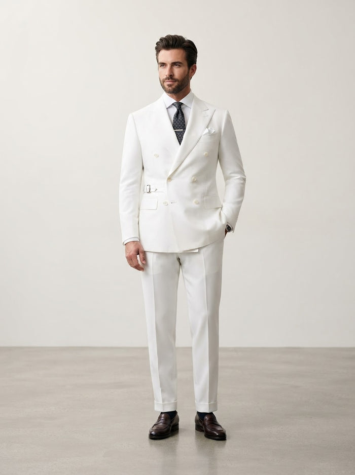 Bolanzo Super 200s Italian Buckle Suit — Pure Crisp White w/ Side Waist Buckle