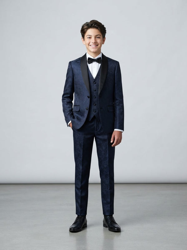 B391 Boy Paisley 5PC Suit Set — Navy Paisley w/ Satin Shawl Collar