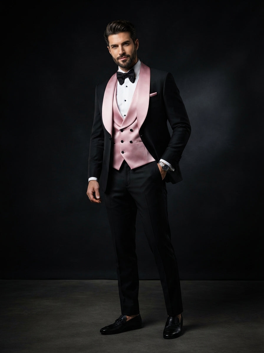 Arya 3PC Tailored Contrast Tuxedo — Black w/ Wide Pink Shawl Lapel & Vest