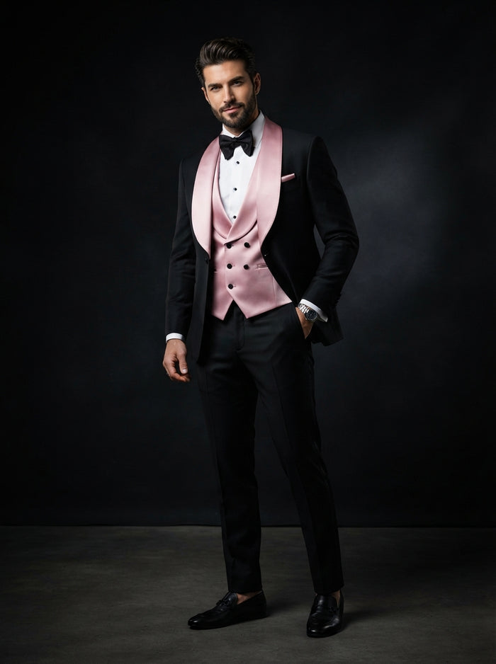 Arya 3PC Tailored Contrast Tuxedo — Black w/ Wide Pink Shawl Lapel & Vest