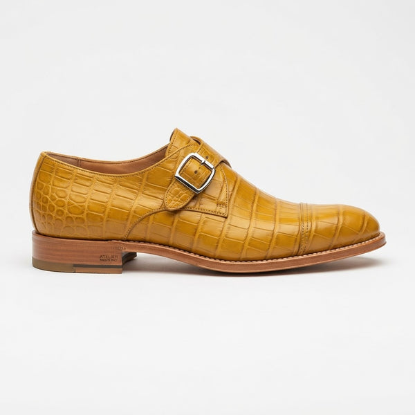 TANNER Plain Toe Monk Strap — Mustard Yellow Croco Print & Smooth Leather