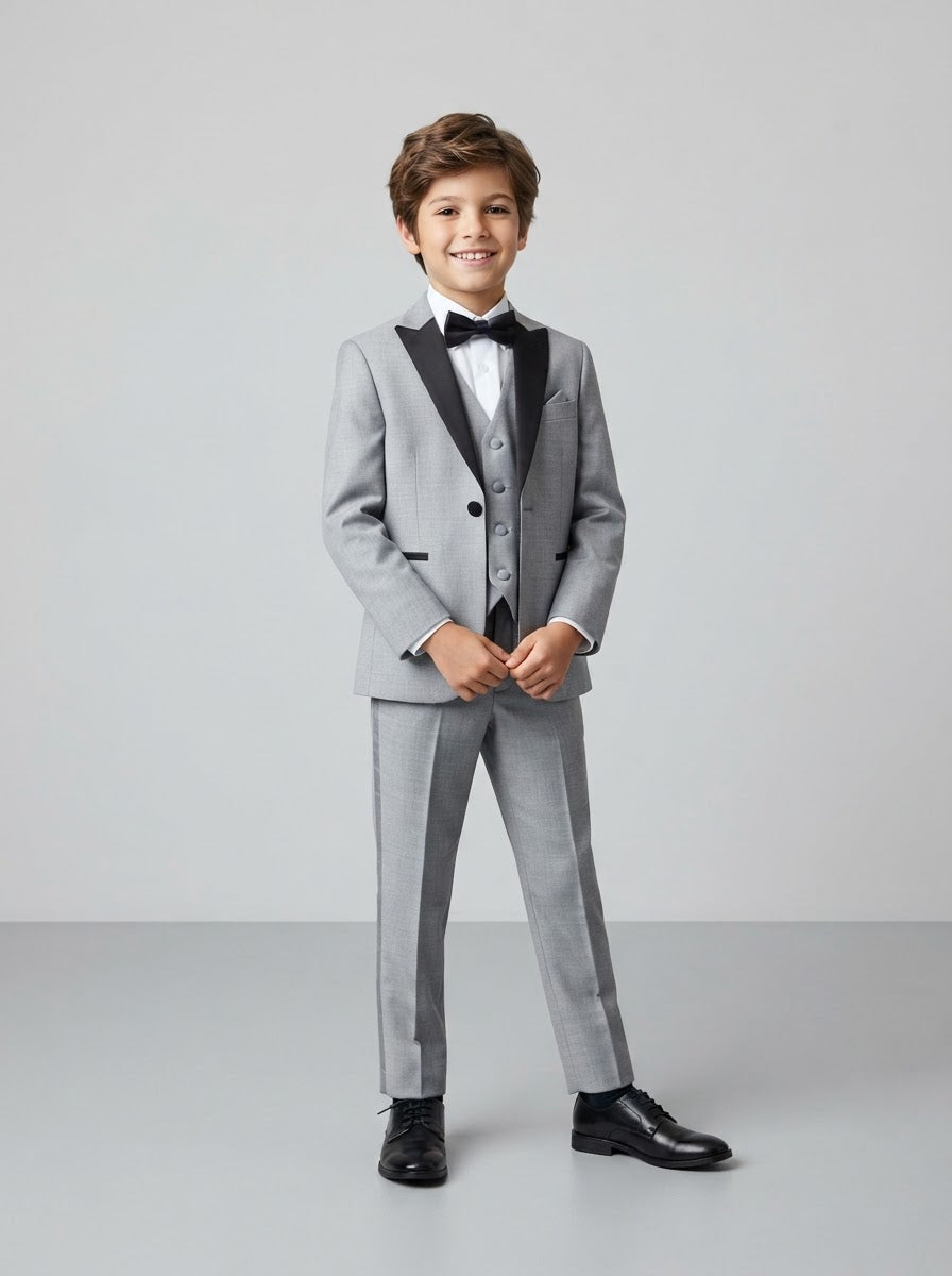 BT187 Boy Solid 4PC Tuxedo Set — Light Grey w/ Satin Peak Lapel