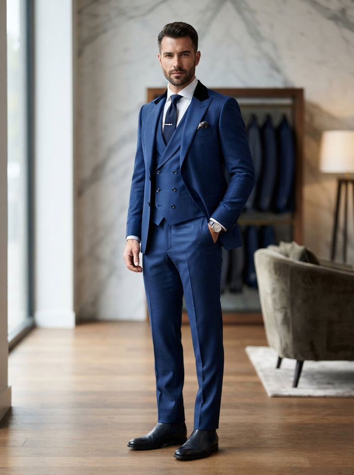 Emporio 3PC Velvet Trim Suit — Sapphire Blue Velvet Lapel