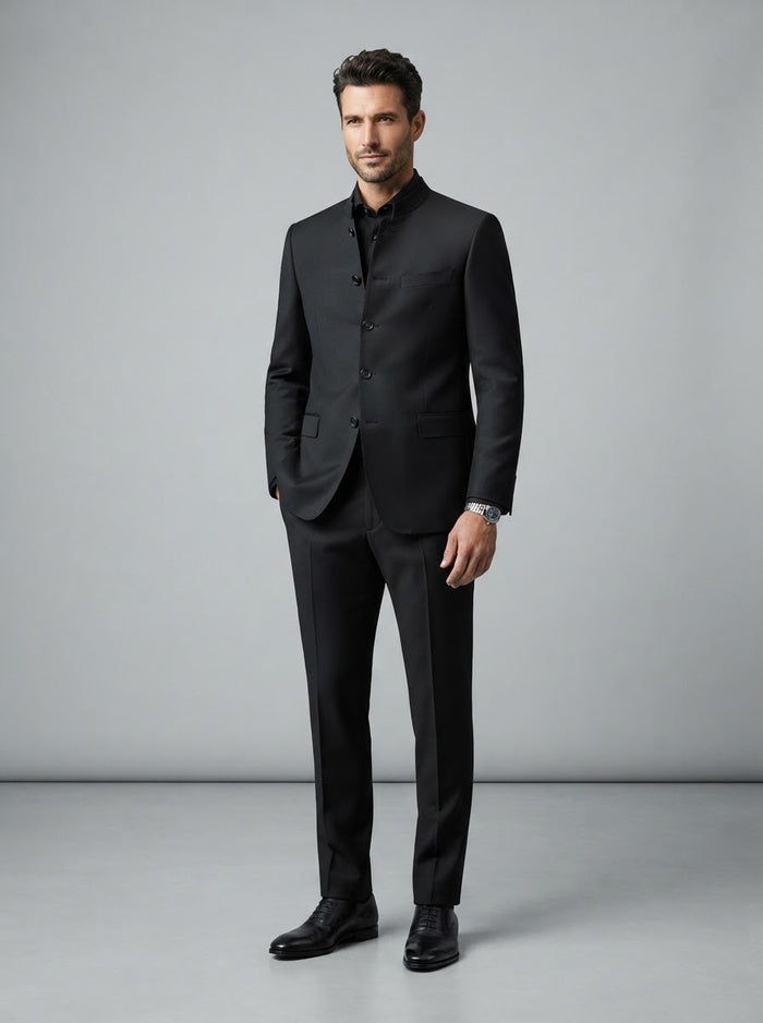 5HT Executive Banded Collar Suit — Classic Black 5-Button Mandarin