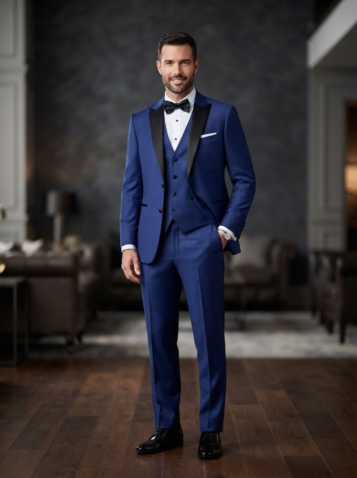 TUX-SH 3PC Tailored Fit Tuxedo — Royal Blue w/ Satin Shawl Lapel
