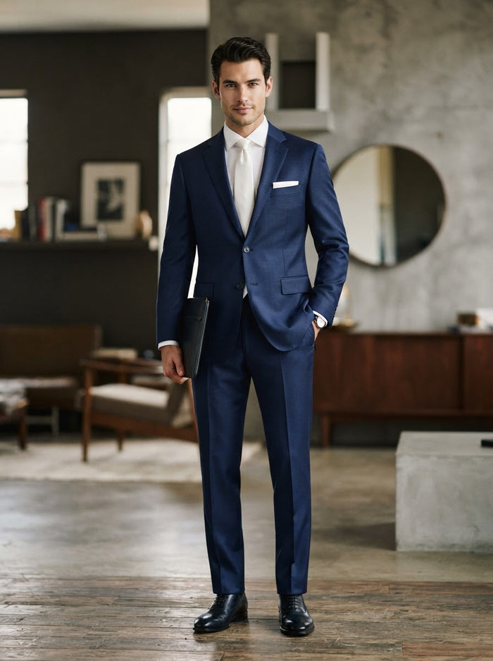 Ike Behar Navy Blue 2-Button Suit w/ White Tie — Navy