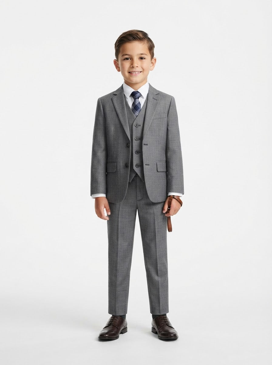 B361 Boy Solid Sharkskin 5PC Suit Set — Grey w/ Notch Lapel