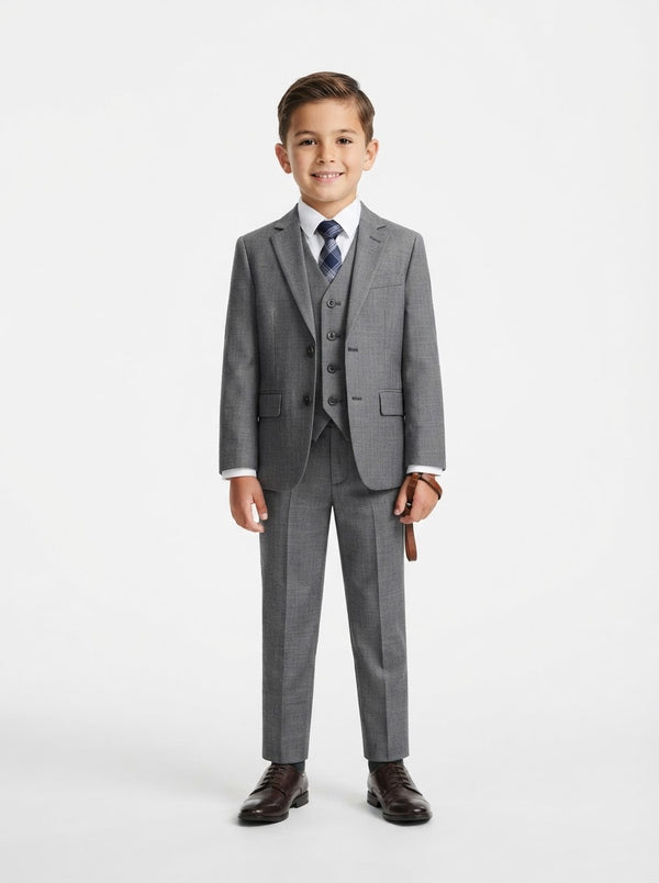 B361 Boy Solid Sharkskin 5PC Suit Set — Grey w/ Notch Lapel