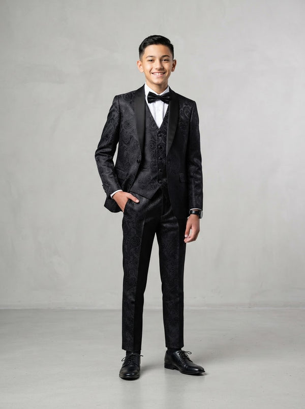 B391 Boy Paisley 5PC Suit Set — Black Paisley w/ Satin Shawl Collar