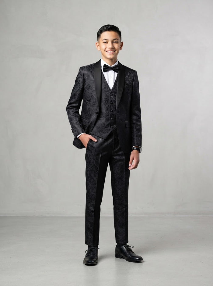 B391 Boy Paisley 5PC Suit Set — Black Paisley w/ Satin Shawl Collar