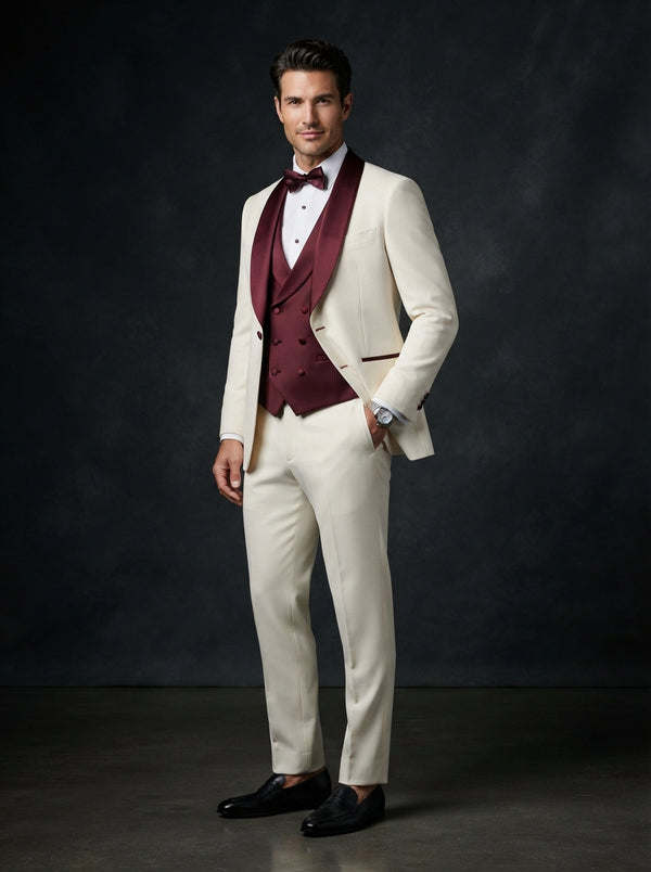 Hilton 3PC Tailored Tuxedo — Off White & Burgundy Wine Satin Lapel