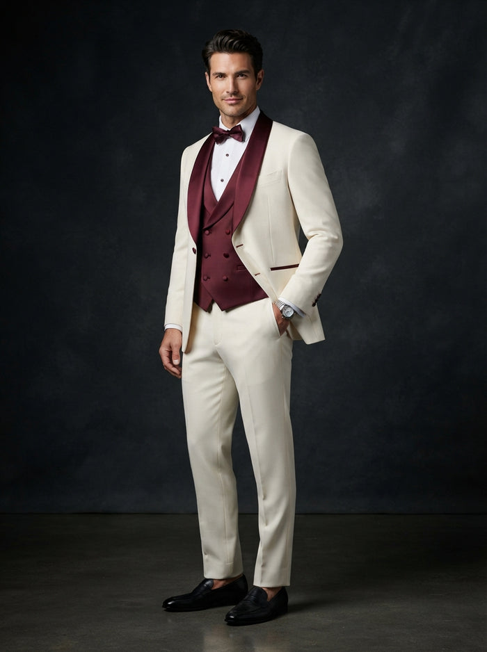 Hilton 3PC Tailored Tuxedo — Off White & Burgundy Wine Satin Lapel