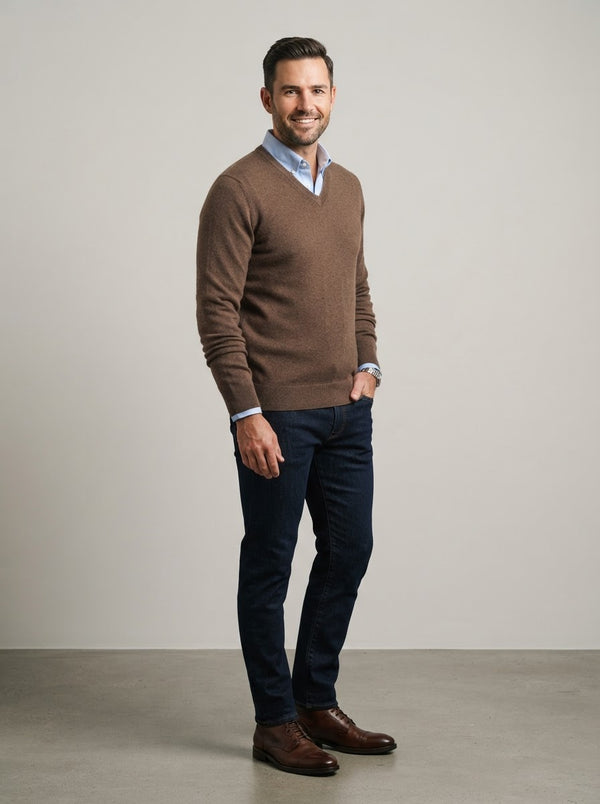Fine Knit V-Neck Sweater — Brown