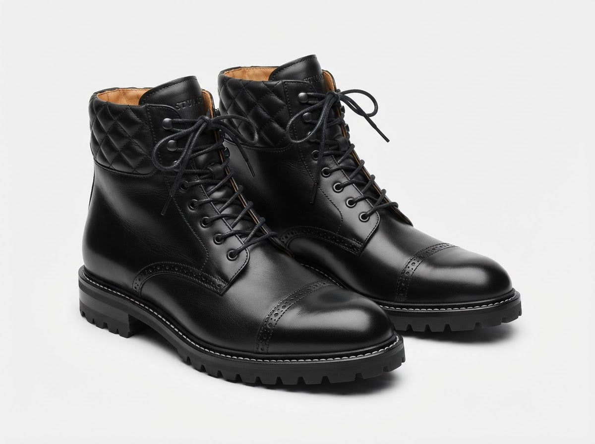 STUART Cap Toe Quilted Collar Boot — Black Leather w/ Quilted Collar & Lug Sole