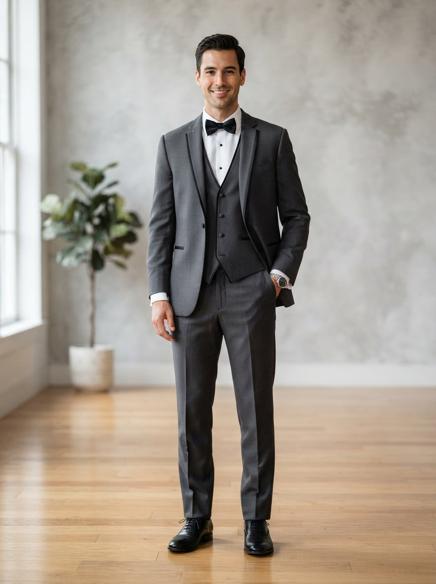 Genova 3PC Modern Fit Tuxedo — Charcoal Grey w/ Black Piped Trim