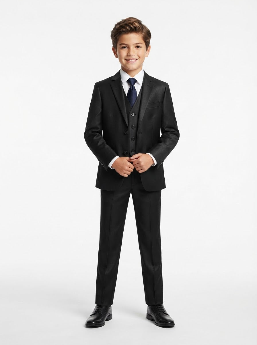 B361 Boy Solid Sharkskin 5PC Suit Set — Black w/ Notch Lapel