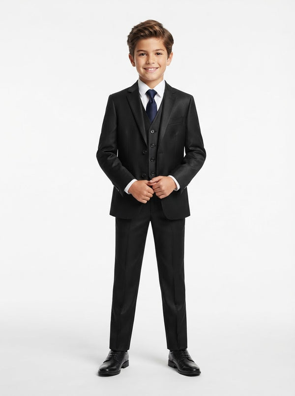 B361 Boy Solid Sharkskin 5PC Suit Set — Black w/ Notch Lapel