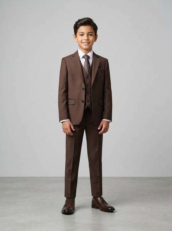PB181 Boy Solid Sharkskin 5PC Suit Set — Rich Cocoa Brown w/ Notch Lapel