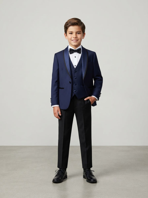 PBT283 Boy Solid 5PC Tuxedo Set — Indigo/Black w/ Satin Shawl Collar