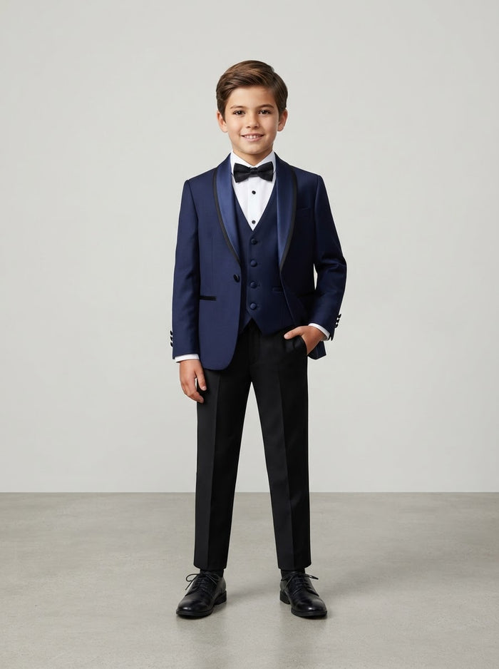 PBT283 Boy Solid 5PC Tuxedo Set — Indigo/Black w/ Satin Shawl Collar