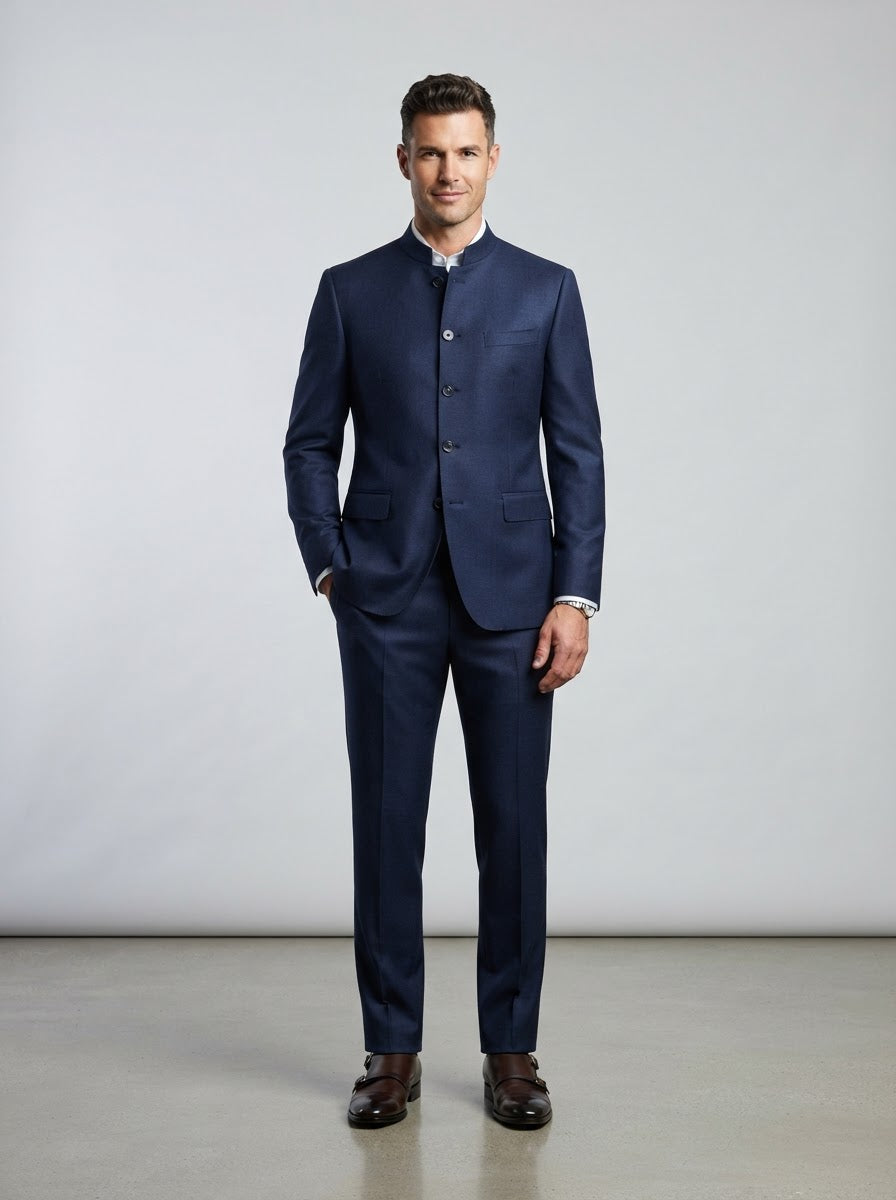 5HT Executive Banded Collar Suit — Navy Blue 5-Button Mandarin